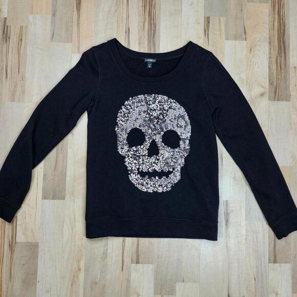 Express Tops - Express Black Sequin Skull Sweatshirt XS